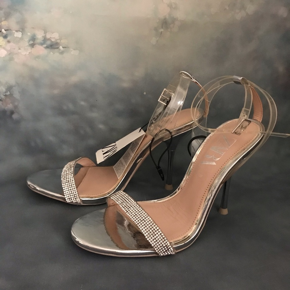 Zara Metallic Silver and Crystal Heeled Sandals - Picture 3 of 12
